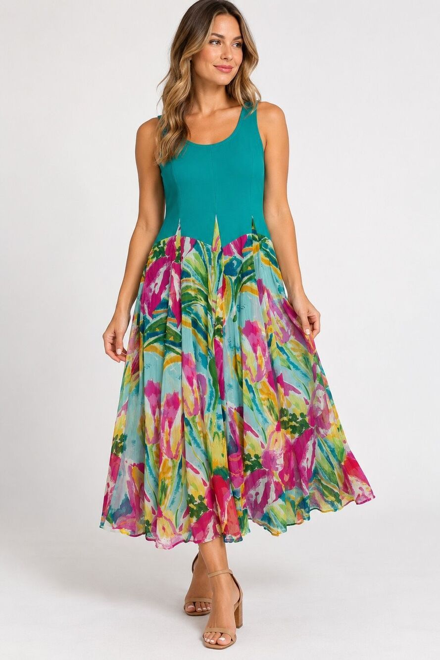 Vasna Desire Women’s Teal Floral Sleeveless Maxi Dress Colorful Skirt Large